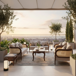 <b>Outdoor</b> Furniture Walnut/Oak Frame <b>Rattan</b> <b>Sofa</b> Set with Comfortable Cushions Vietnam Origin OEM Brand Coffee Table Customized - Product Image 2