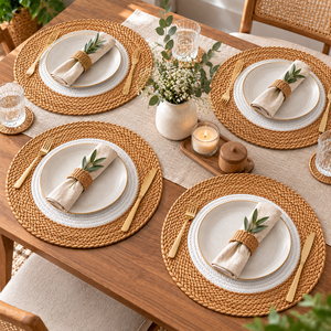 Set de table rond en jute tressé, centre blanc, bordure naturelle, style simple, décoration de la maison et de la table - Product Image 3