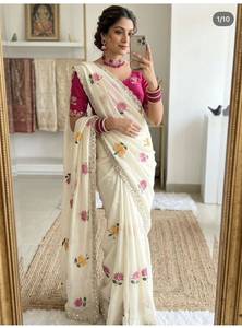 Sari de seda Rangoli con bordado en toda la prenda, hermoso diseño floral y trabajo con espejos reales con borde recortado. - Product Image 1