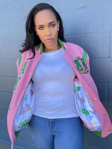 High Quality <b>Pink</b> Reversible Polyester Sleeves Varsity <b>Jacket</b> Full Sleeve Embroidery Snap Button Rider <b>Biker</b> Baseball <b>Jackets</b> - Product Image 5