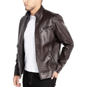 Blouson Moto Décontracté Marron en PU Respirant pour Homme Tombola Sports, Col Montant, Fermeture Éclair, Coupe Slim, Longueur Standard, Vêtement d'Hiver - Product Image 1