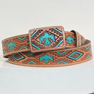 Real Handmade Hand <b>Tooled</b> Full Grain <b>Leather</b> Western Belt Western Stylish Turquoise Genuine <b>Leather</b> Unisex Removable Buckle Belt - Product Image 5