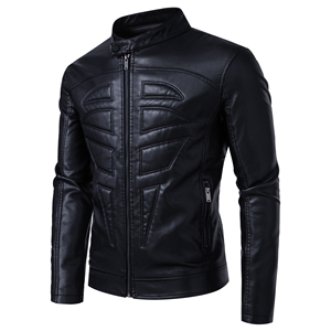 Blouson moto en cuir noir pour homme, col montant, fermeture éclair, coupe ajustée, couleur unie, pour l'automne - Product Image 2