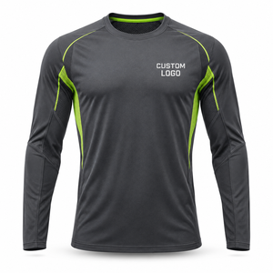 T-shirt de sport à manches longues pour homme, gris foncé, panneaux en mesh vert lime, séchage rapide, col rond, coupe classique, logo personnalisé imprimé sur le devant - Product Image 2