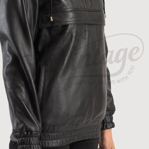 Chaqueta Anorak de Cuero Genuino Negra para Mujer, con Capucha, Corte Ajustado, Premium, Media Cremallera, Estilo Urbano, Cortavientos, Sudadera con Capucha de Moda - Product Image 3