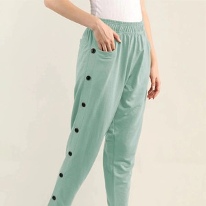 Women's Mint Green <b>Harem</b> Pants Elastic Waist Ankle-Length Loose Fit Casual Spring Knitted Solid Color Button Detail - Product Image 5