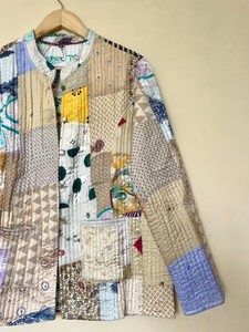 Reversible Kantha Quilted Kimono Jacket Handstitched Patchwork Wool <b>Coat</b> Vintage Puff Sleeve Womens Winter Style Christmas Gift - Product Image 6