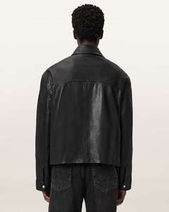 Blouson moto en cuir noir pour homme, col rabattu, fermeture éclair, coupe classique, couleur unie, matière PU, pour l'automne - Product Image 2