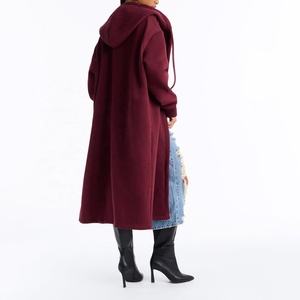 High Quality Wine Red <b>Long</b> <b>Hooded</b> <b>Cardigan</b> Open Front Knitted Duster Coat Casual Autumn <b>Women</b> Outerwear Fleece Trench Coat - Product Image 2