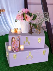 Lilac Purple Decorative Metal Trunk Set Vintage Style <b>Keepsake</b> Storage <b>Boxes</b> with Polished Gold Latches for Bedroom and Nursery - Product Image 5