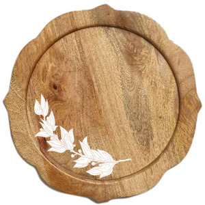 Wholesale Vintage Wooden Charger <b>Plate</b> Round Scalloped Edge <b>Decorative</b> Floral Wood Place Mat Dinnerware for Wedding Party Decor - Product Image 1