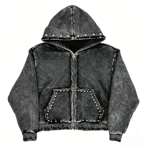 Sweat-shirt à capuche pour homme style gothique, surdimensionné, en polaire zippé avec clous et poches, noir délavé, pour l'hiver - Product Image 2