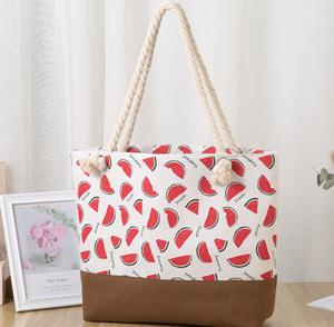 <b>Large</b> Capacity Watermelon Print <b>Canvas</b> Beach Tote <b>Bag</b> with Rope Handles Eco Friendly Reusable Shopping Handbag - Product Image 2