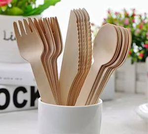 Juego de cubiertos de madera desechables biodegradables personalizados de un solo uso para fiestas con cuchillos, tenedores, cucharas y tenedores para fruta. - Product Image 3
