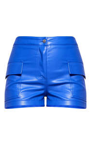 Shorts cargo en cuir bleu roi taille mi-haute pour femme avec poches à rabat, détails boutonnés, anti-plis et séchage rapide, style décontracté chic - Product Image 3