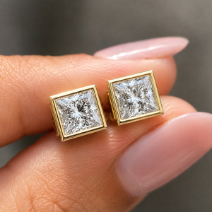 Princess Cut Lab Grown Diamond <b>Earrings</b> 14K 18K Solid <b>Gold</b> Push <b>Back</b> Stud DEF VVS Classic Bezel Set Bridal Stud ODM Wholesale - Product Image 1