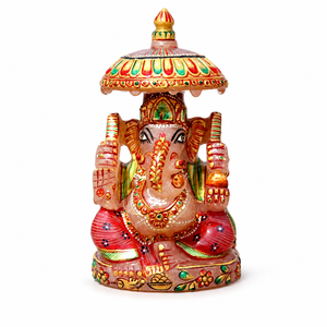 Estatua de Ganesha Bajo Sombrilla Pintada a Mano con Cuarzo Rosa, Detalles Multicolores Tallados, Decoración de Templo Indio - Product Image 1