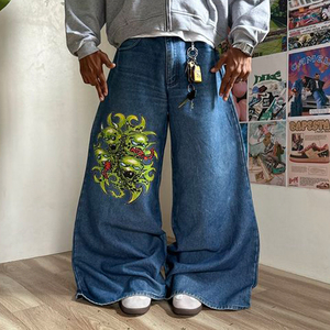 Wide Leg Denim Jeans Men Streetwear Embroidered Alien Print High Waist Loose Fit Stonewashed Cotton <b>Spring</b> Style - Product Image 3