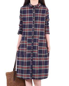 Vestido Camisero Largo a Cuadros Azul Marino y Rojo para Mujer, Estilo Casual, Holgado, con Botones y Bolsillos para Uso Diario - Product Image 1