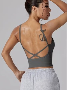 Seamless <b>Longline</b> Workout Crop Top for Women | Low Back Strappy Fitness <b>Bra</b> | Removable Cup White Ribbed Athletic Camisole - Product Image 2