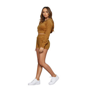 Nuevo Conjunto de 2 Piezas para Mujer, Estilo Deportivo, Terciopelo, Manga Larga, Encaje, Pantalones Cortos de Terciopelo, Top Corto, Poliéster/Algodón - Product Image 2