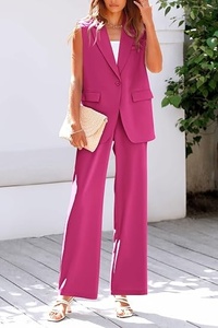 Women's Sleeveless <b>Blazer</b> <b>Set</b> Loose Fit Wide Leg Pants Two Piece Suit Solid Color Casual Spring Summer Pink Woven Fabric - Product Image 6