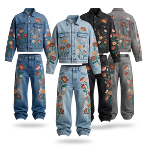 ชุดแจ็คเก็ตยีนส์เดนิมผู้ชาย สไตล์สตรีทแวร์ ชุดสองชิ้น ผ้าหนาปักลายปักกลางตัวเสื้อ ซักแบบ Stone Washed รับผลิตตามแบบ OEM ODM ขายส่ง - Product Image 6