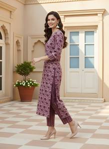 Conjunto de Kurta y Pantalón Recto de Algodón Morado Estampado, Cuello Redondo, Largo hasta la Pantorrilla, Traje Étnico de Uso Diario para Mujer, Tallas M, L, XL, XXL - Product Image 5