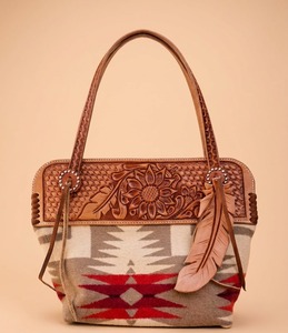 Western Leather Saddle Bag Tote Genuine Leather Cowgirl <b>Handbag</b> Embossed Floral Pattern for Women - Product Image 1