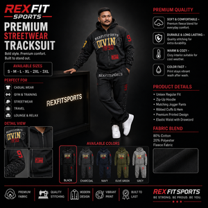 REXFITSPORTS <b>Men</b>’s <b>Black</b> Graphic Tracksuit Set Full Zip Hoodie Jogger Pants Cotton Polyester <b>Fleece</b> Custom Streetwear Sportswear - Product Image 1
