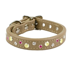 Saman exporta collar de perro de cuero de calidad superior con tachuelas de cristales rosa, amarillo y blanco trabajo proveedor indio Saman Exports - Product Image 1