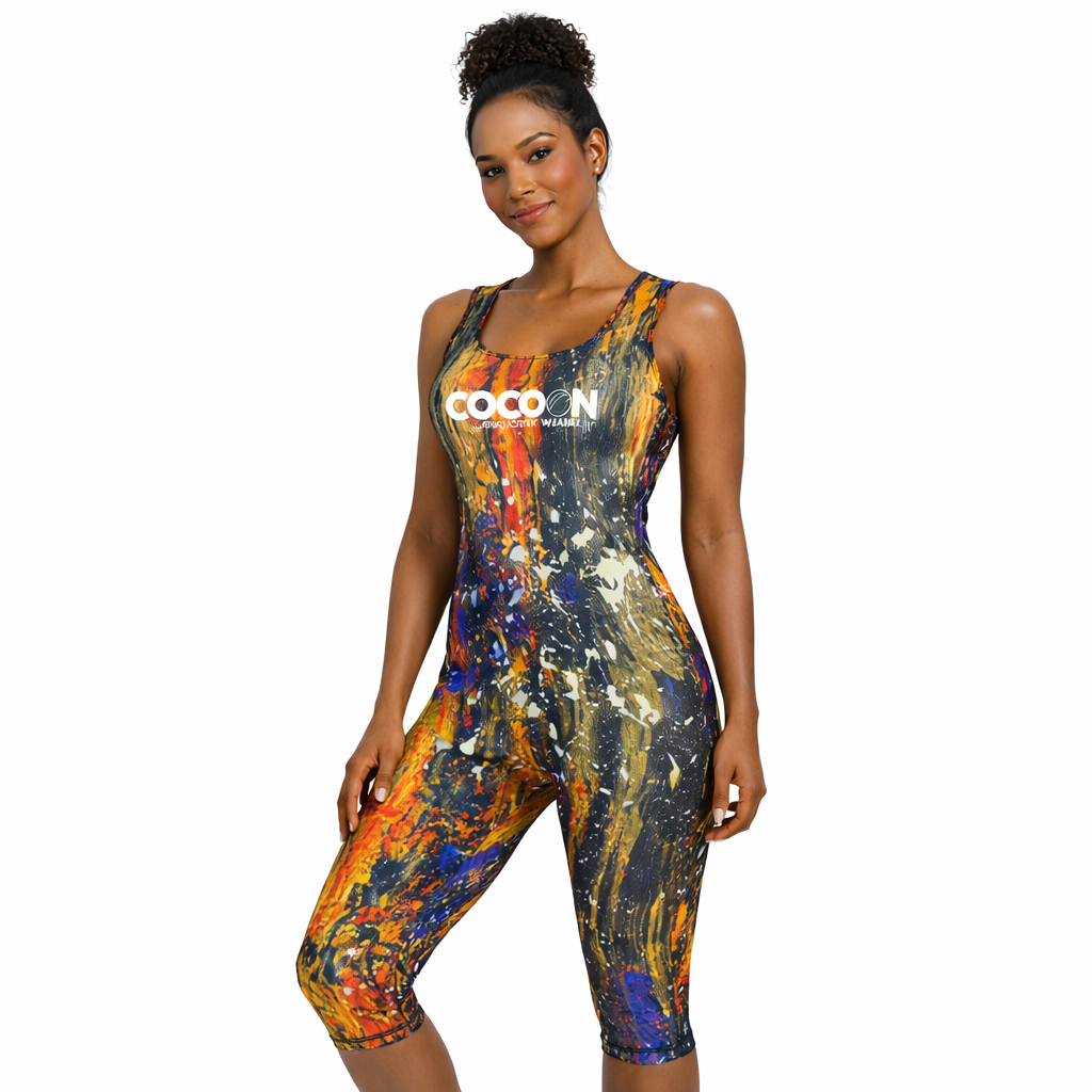 Cocoon International Women Abstract Print Yoga Jumpsuit Fitness Quick Dry Stretch Sleeveless Gym Workout Activewear Capri Romper