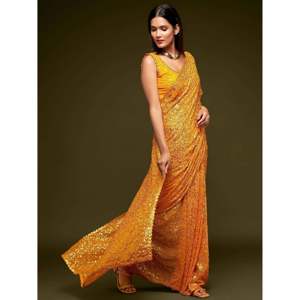 Robe de soirée, magnifique sari en georgette jaune miel orné de paillettes, idéal pour les fêtes - Product Image 4