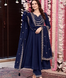 Conjunto azul indio pakistaní de seda bordada, traje Anarkali de manga larga, Salwar Kameez con Dupatta para bodas, ropa para mujer. - Product Image 1