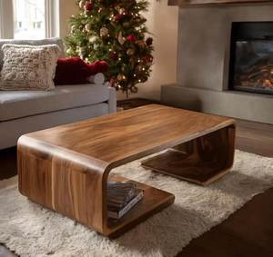 Table basse rectangulaire moderne en teck au design incurvé, meuble décoratif pour l'agencement du salon et des canapés, idéale pour les cadeaux de pendaison de crémaillère. - Product Image 2