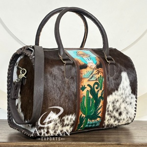 New Premium Hand Tooled Genuine Cowhide Leather Large Speedy Bag Hair-On Cowhide Cactus Pattern High Quality Handmade Duffel Bag - Product Image 1