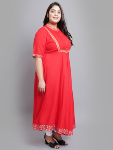 Red Rayon Pintucks Anarkali Kurti With Mandarin Collar And Short Sleeves For Plus Size Women's Stylish Daily Wear - Product Image 5