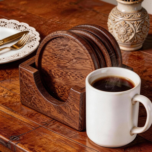 Ensemble de sous-verres en bois avec support, sous-verres ronds en bois massif, sous-verres pour tasses à café, accessoires de table décoratifs et de vaisselle modernes - Product Image 4