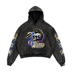 Sweat à capuche court personnalisé vintage délavé à l'acide, en molleton épais, imprimé graphique squelette, style streetwear - Product Image 4