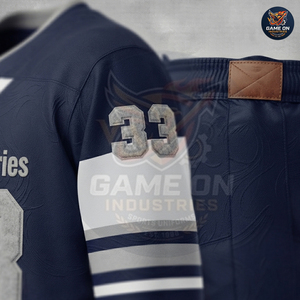 Navy Blue and White Pro Style Team Uniform With Embroidered Numbers & Texture Fabric Custom Ice Hockey Jersey and Pants Sets - Product Image 4
