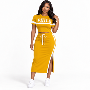 Ensemble deux pièces Philo pour femme, 100 % coton écologique, jaune moutarde, robe moulante mi-longue, manches courtes, col montant, cordon de serrage - Product Image 1