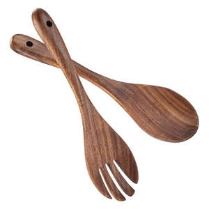 Ensemble de service écologique en bois d'acacia pour salade, fourchette et cuillère à long manche, ustensiles de cuisine, couverts lisses, fourchette et cuillère en bois - Product Image 1