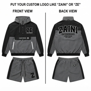 Zaini Enterprises Premium 120 GSM Polyester/Nylon <b>Windbreaker</b> Short Set Custom Logo <b>Black</b>/Grey Quick Dry Hooded Jacket Men - Product Image 1