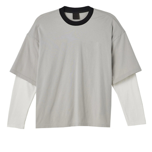 Men Grey Double <b>Layer</b> Sleeve Shirt Contrast Collar False Two Piece Long Tee Loose Fit Oversized Casual Knit <b>Top</b> - Product Image 2