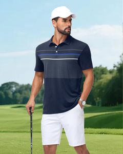 Polo à manches courtes en tricot rayé pour homme, design respirant décontracté, coupe classique, faible MOQ, polos pour homme - Product Image 2