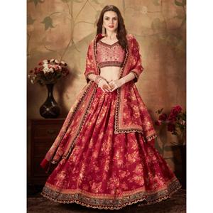 Impresionante blusa Lehenga Choli de boda de seda con estampado floral granate de organza con melocotón - Product Image 6