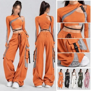 Unisex Stage <b>Dance</b> Two Piece Set Asymmetrical Cutout Long Sleeve Stand-Up Collar <b>Crop</b> <b>Top</b> Wide Leg Cargo Pants Polyester Digital - Product Image 4