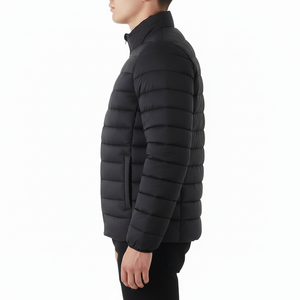 Men's Black Puffer <b>Jacket</b> Stand Collar Zipper Closure Windproof Polyester Winter Casual Coat Regular Fit Solid Color - Product Image 2