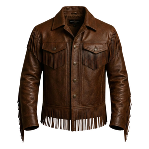 Men's Brown Genuine Leather <b>Fringe</b> <b>Jacket</b> With Turn-down Collar Single Breasted Vintage Style Autumn Wear - Product Image 2