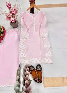 Ensemble Salwar Kameez en soie rose brodé, palazzo et dupatta, tenue traditionnelle indienne et pakistanaise pour mariage et fête - Product Image 3